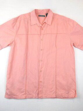 Cubavera Linen Shirt Men's L Button Up Orange Peach Short Sleeve Cotton Vacation
